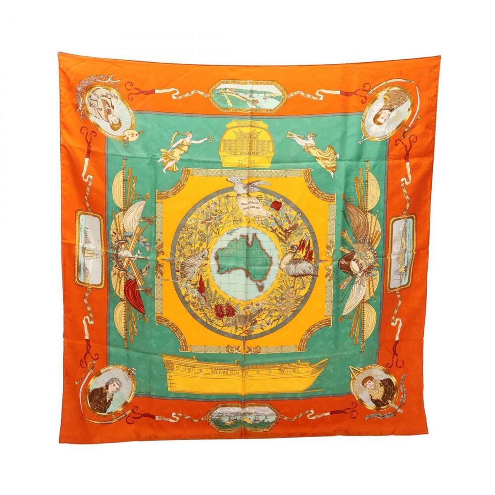 Hermes Carre 90 LE GEOGRAPHE Scarf/Muffler, Silk, Women's, Orange/Multicolor